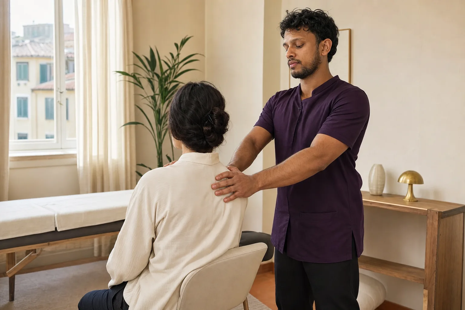 Leo esegue un massaggio professionale a spalle e schiena su una cliente adulta completamente vestita